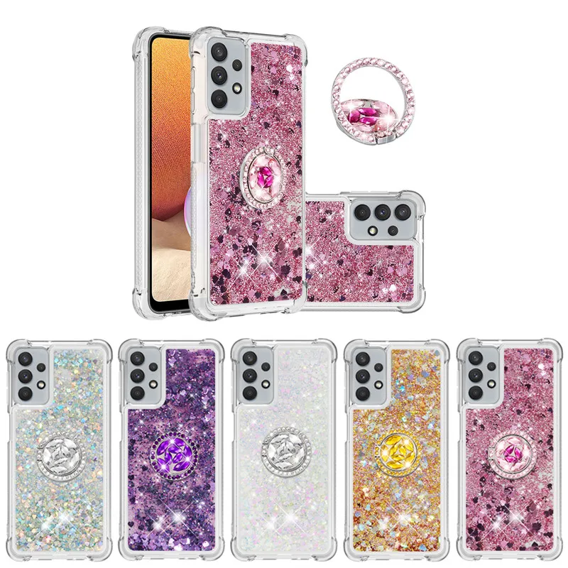 

Diamond Finger Ring Cases for Samsung Galaxy A12 A02S A32 5G A02 M02 A01 Core Case Glitter Liquid Holder Back Phone Cover Coque