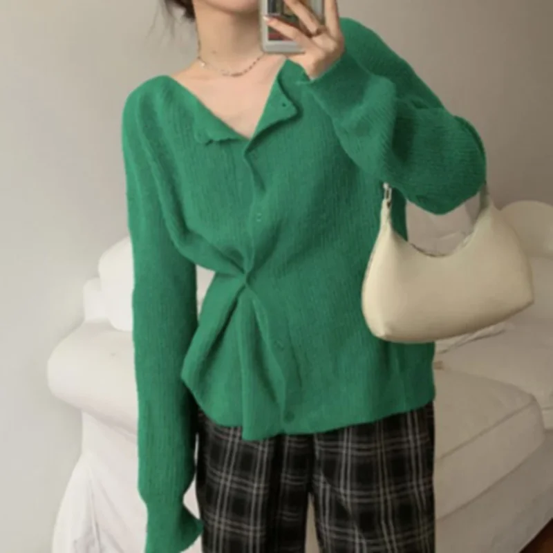 Зеленый вязаный кардиган 2021 Женский Осенний мягкий ветрозащитный Топ с длинным