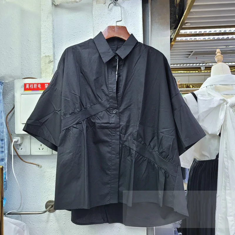 

SeeBeautiful Simple Stitching Irregulart Loose Shirt Lapel Short Sleeve Single Breasted Women Summer 2021 New Fashion E710