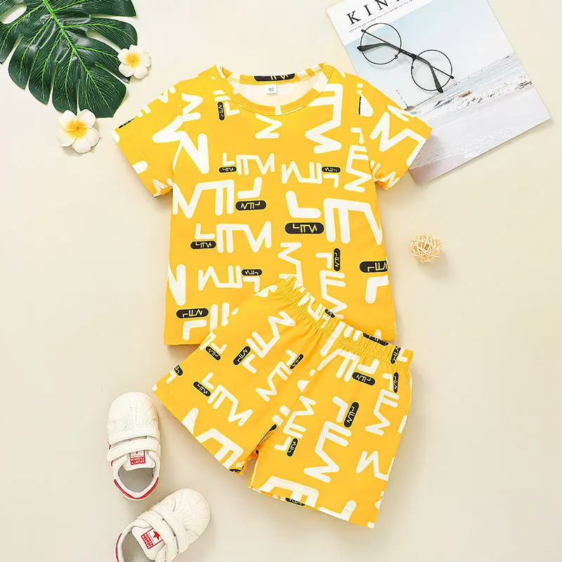 

2021 Summer Children Sets Casual Short Sleeve O Neck Yellow T-shirt Letter Shorts 2Pcs Roupa Infantil Menina Clothes Sets 18M-6T