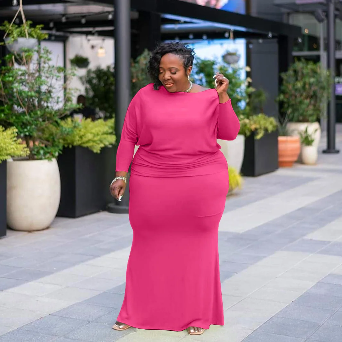 

Xl-5xl Plus Size Women Dress Causal Crew Neck Long Style Elegant Solid Color Long Sleeve Clothing Dresses Wholesale Dropshpping