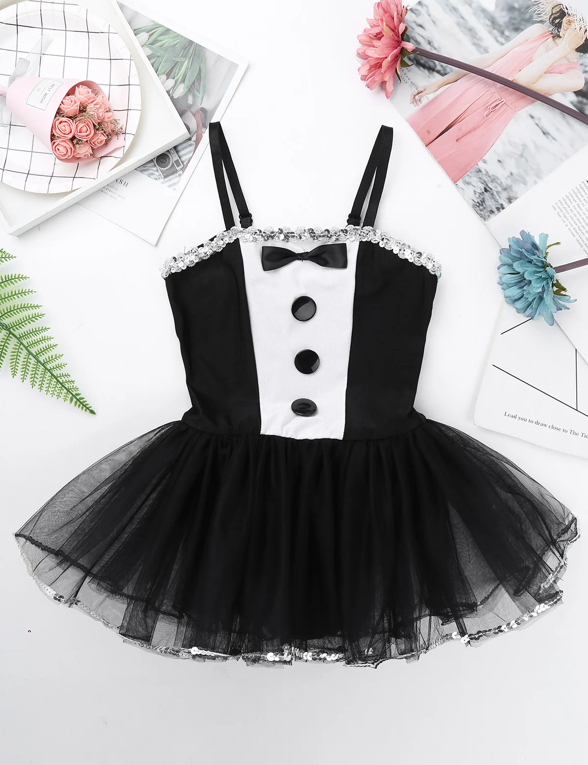 

MSemis Kids Ballerina Tuxedo Sequins Trimming Ballet Dress Swan Costume Gymnastics Leotard for Girls Ballet Tutu Dance Costumes