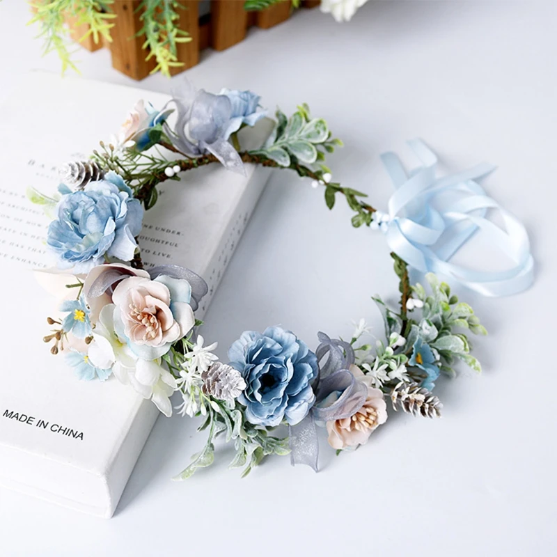 Boho Beach Holiday Wreath Headband Artificial Blue Flower Crown Halo Garland Fake Eucalyptus Leaves Wedding Headpiece