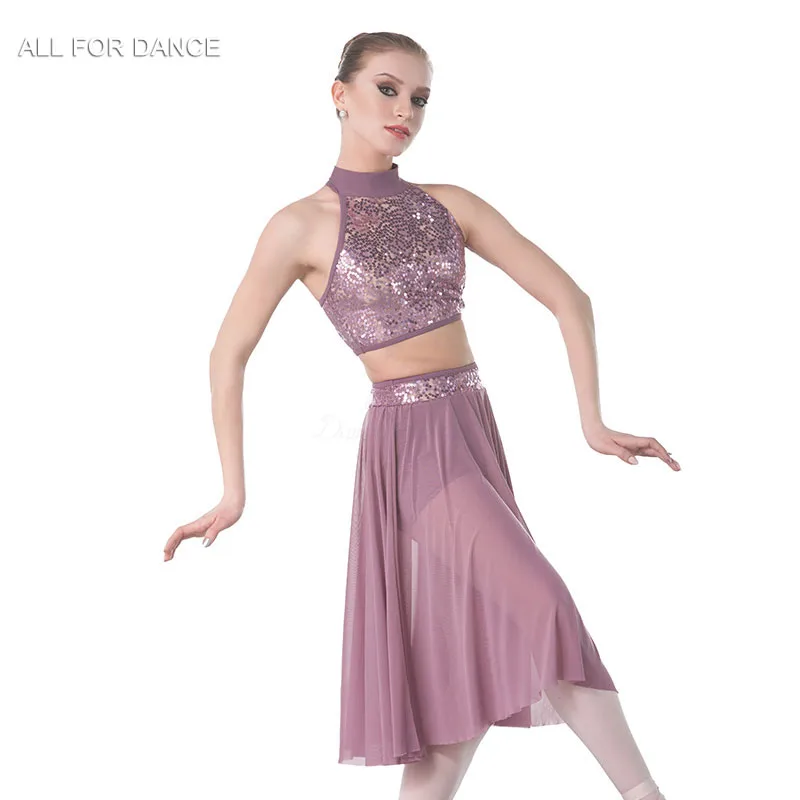 

18005 Purple Grey Sequin Lace Bodice Lyrical & Contemporary Dance Costume for Child and Adult Halter Neck Ballet Dancing Dress
