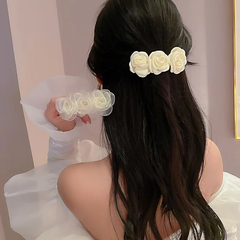 

LOVOACC Elegant White Shiny Lace Roses Barrettes for Women Ladies Sweet Multi Flowers Elastic Hair Clip Accessories Headwear