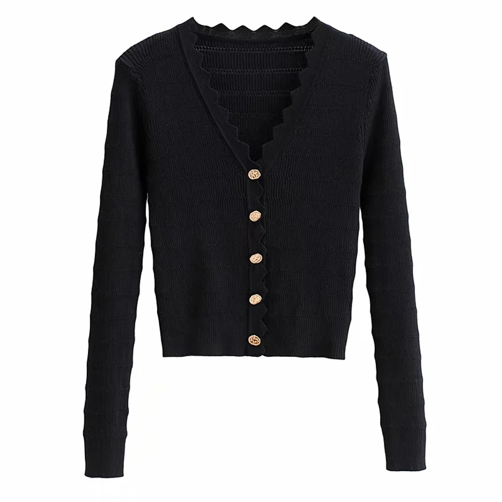 

2021 Women's Wave Deep V-Neck Button Stretch Knit Cardigan Long-Sleeved Sweater Sweet Cropped Blouses Spring Single Breasted