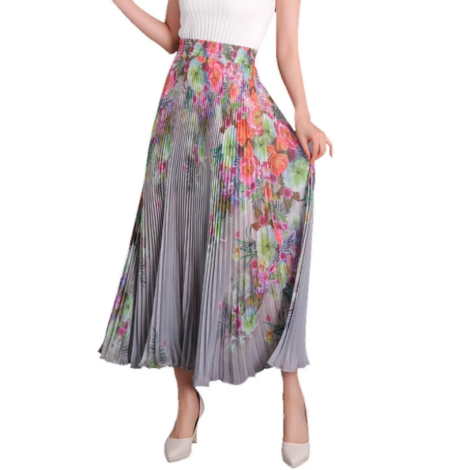 

Chiffon pleated long vintage skirts womens high waist a line Bohemia Floral Printed Women Maxi Beach Party Loose Flare Skirt
