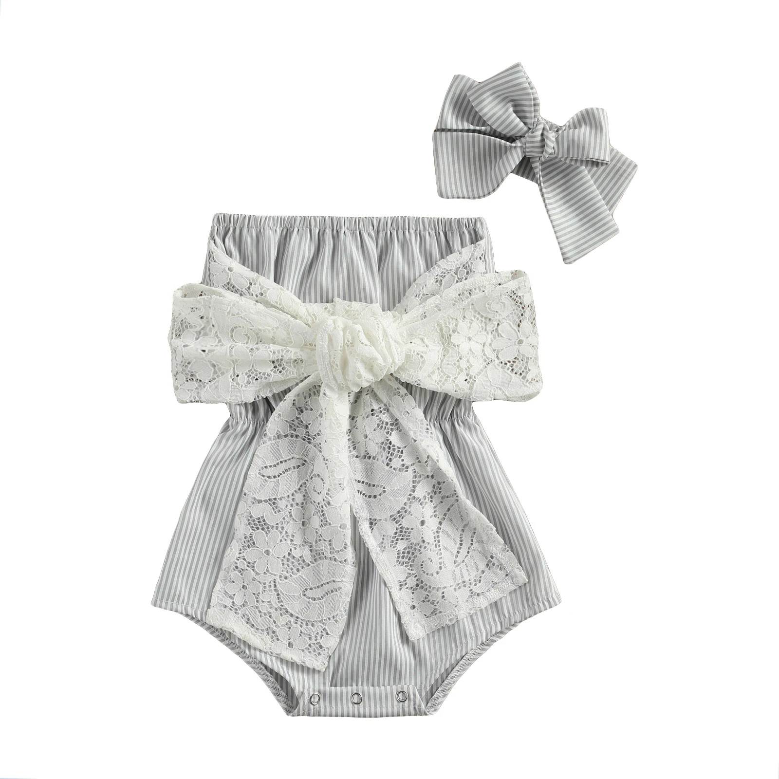 

lioraitiin 0-24M Princess Baby Girls Bodysuits Sleeveless Strapless Striped Lace Floral Big Bowknot Jumpsuits