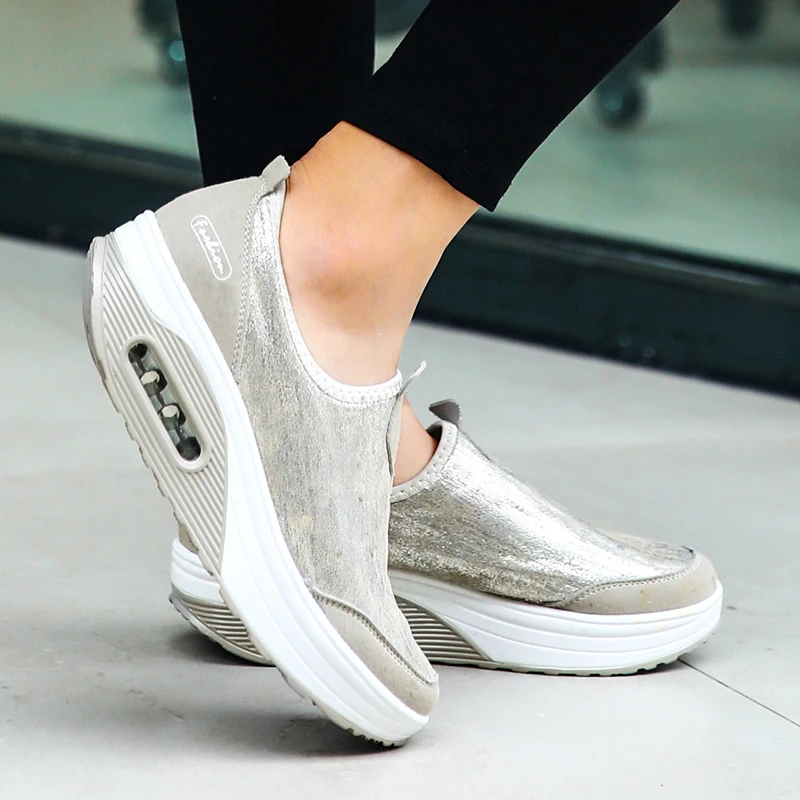 Ladies Wedge Sneakers Fashion Thick Sole Shoes Slip On Fitness Shoes Women Outdoor Shock Absorber Rocking Shoes