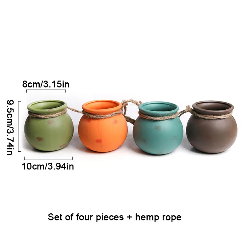 

4pcs Wall-mounted Ceramic Flower Pot Hanging Succulent Flower Pot Cactus Bonsai Planters Container Hemp Rope Garden Decoration