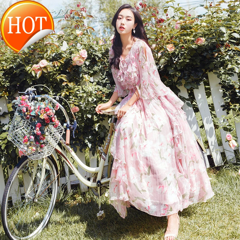 

Maldives Beach skirt beach skirt Chiffon print swing Dress Holiday super Sen fairy long skirt