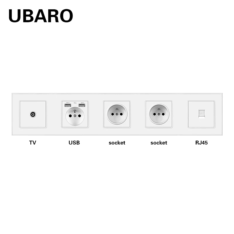 

UBARO Fr Standard Crystal Glass Panel Wall Socket With RJ45 RJ11 TV Signal Terminals Usb 5v 2100mA Home Outlet AC100-250V 16A