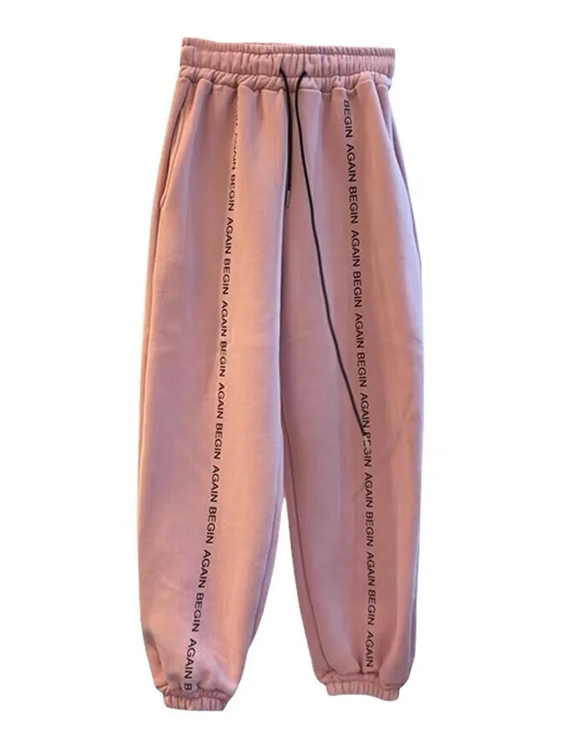 

2021 Korean Chic Letter Thick Warm Casual Pants 2021 Autumn Winter New Loose All-match Sweatpants Stretch Waist Harem Pants