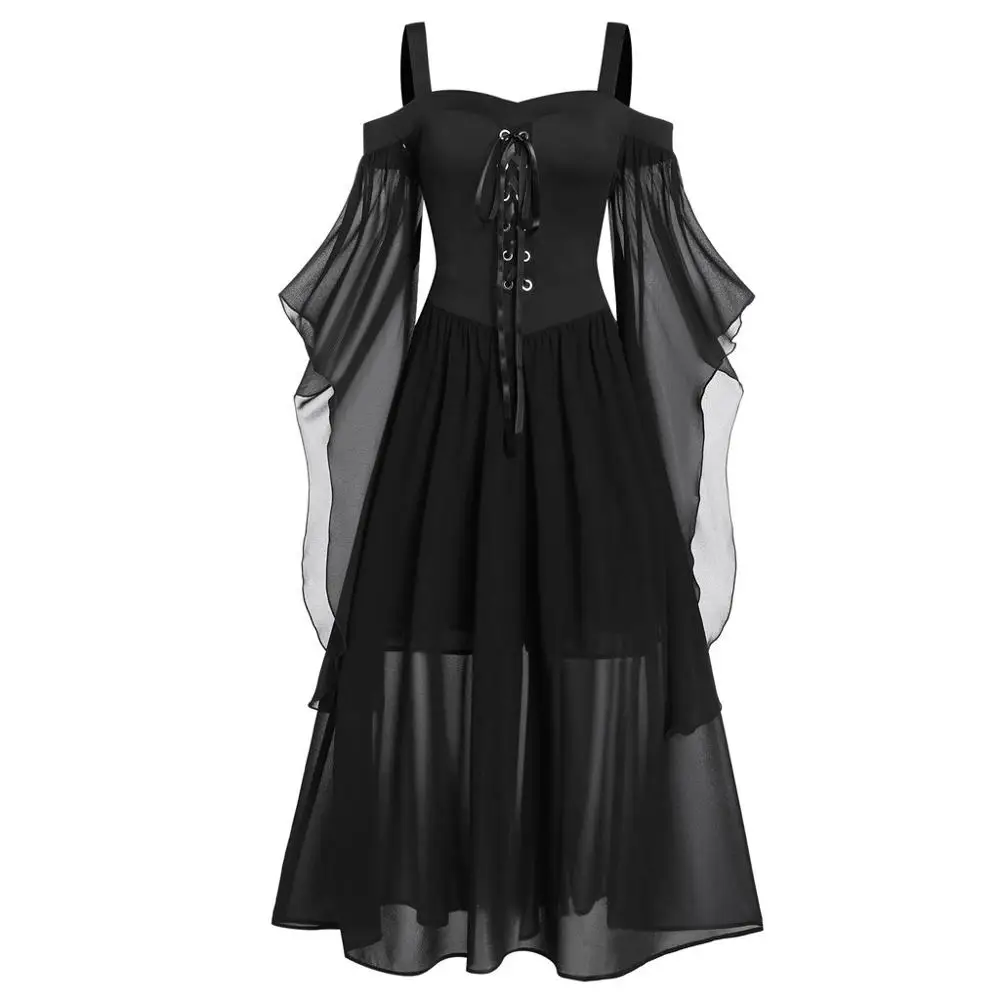 Black Платья больших размеров для женщин 4xl 5xl винтажное однотонное платье с открытыми плечами и рукавом-бабочкой на шнуровке для Хэллоуина осенний бандаж - Цвет: Black