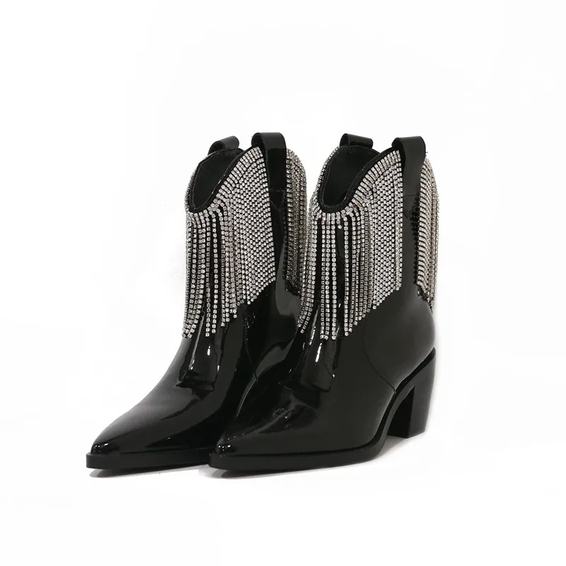 

Fringe Rhinestone Strap Cowboy Boots Pointed Thick Heel Bright Leather Chelsea Boots Patent Leather High Heel Short Boots Women
