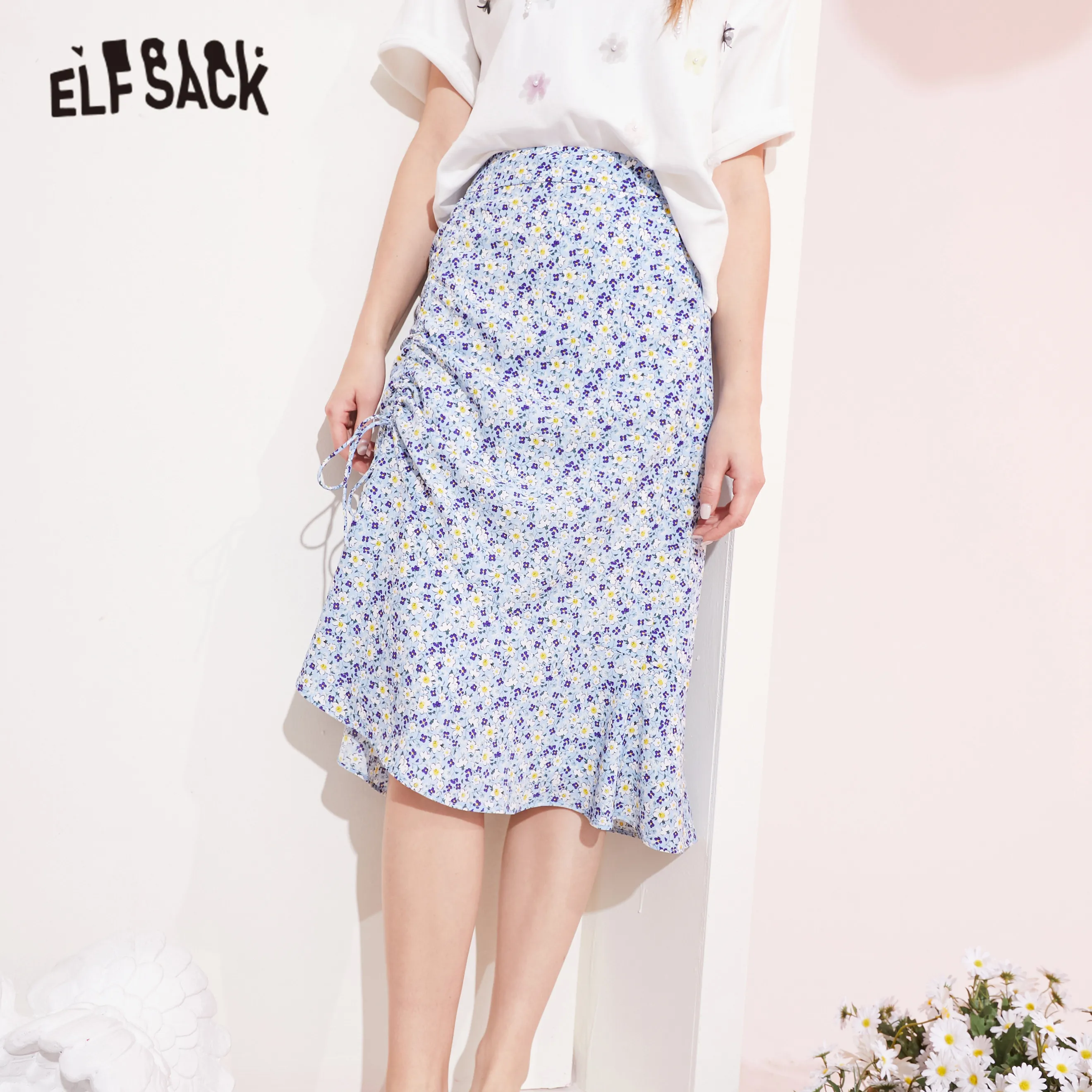 

ELFSACK Floral Print High Waist Casual Women Midi Skirt,2021 Summer ELF Vintage,Ladies Drawstring Chiffon Holiday Bohemia Bottom
