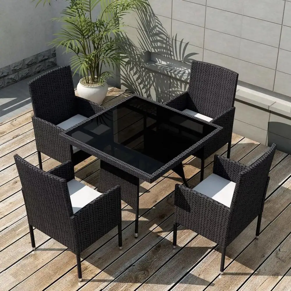 

AU WarehouseFurniture 5 Piece Outdoor Dining Set with Cushions Poly Rattan Black