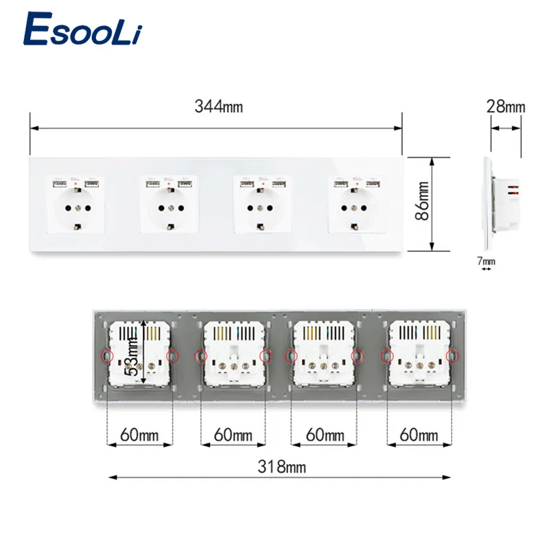 Штепсельная розетка Esooli европейского стандарта электрическая с двойным usb