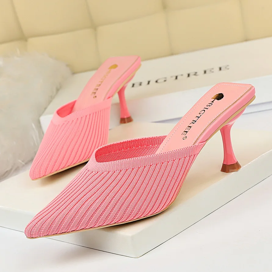 

BIGTREE 2020 New Style Summer Mesh Slides Women 6cm Low High Heels Hollow Mules Shales Casual Yellow Kitten Heels Slippers
