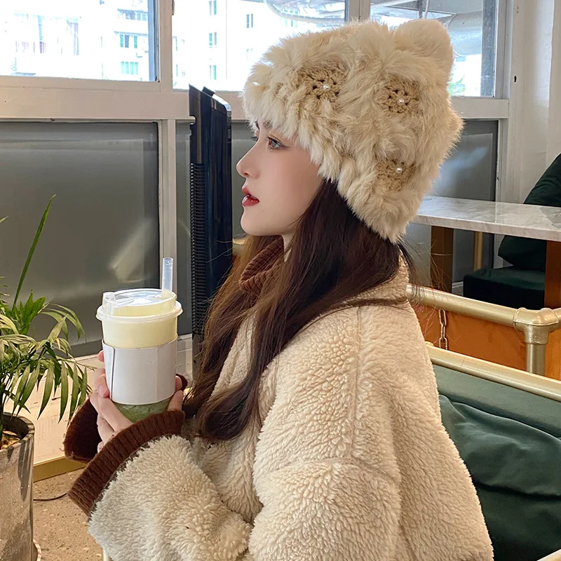 

202108-2508774 winter snow day warm cute rabbit hair knitting pearl lady Skullies Beanies cap women cool hat