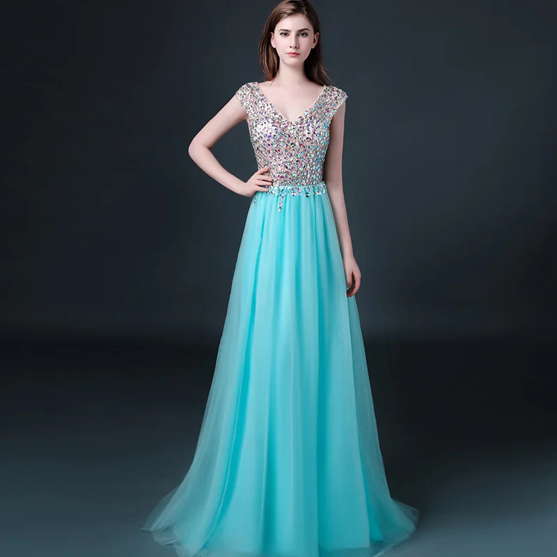

Elegant V-Neck Long Evening Gowns Beaded Light Blue Party Dresses A Line Robe De Soiree