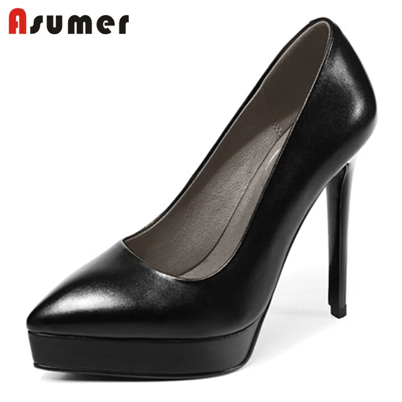 Женские туфли лодочки с острым носком ASUMER черные из натуральной кожи на тонком