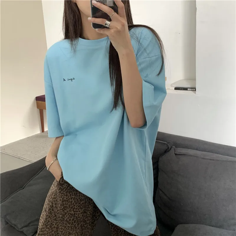 

XZ339 2021 new loose mid-length letter print macaron basic short-sleeved T-shirt