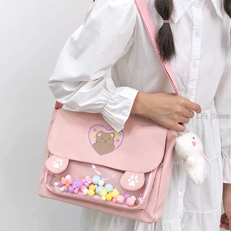 

New Bear Kawaii Pink Shoulder Bags Clear Pocket Women Cute Anime Bear Canvas Cosplay Bag Waterproof Girls Crossbody School Bag