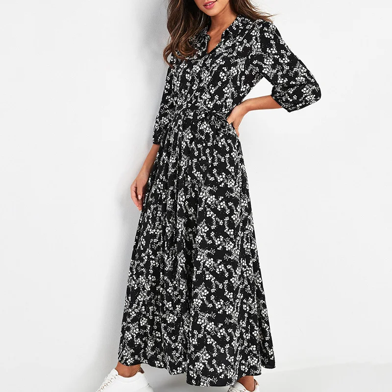 

Vintage Polyester Floral Print Maxi Dress Women Boho Three Quarter Sleeve Sashes Turn-Down Collar Casual Long Dresses Robe