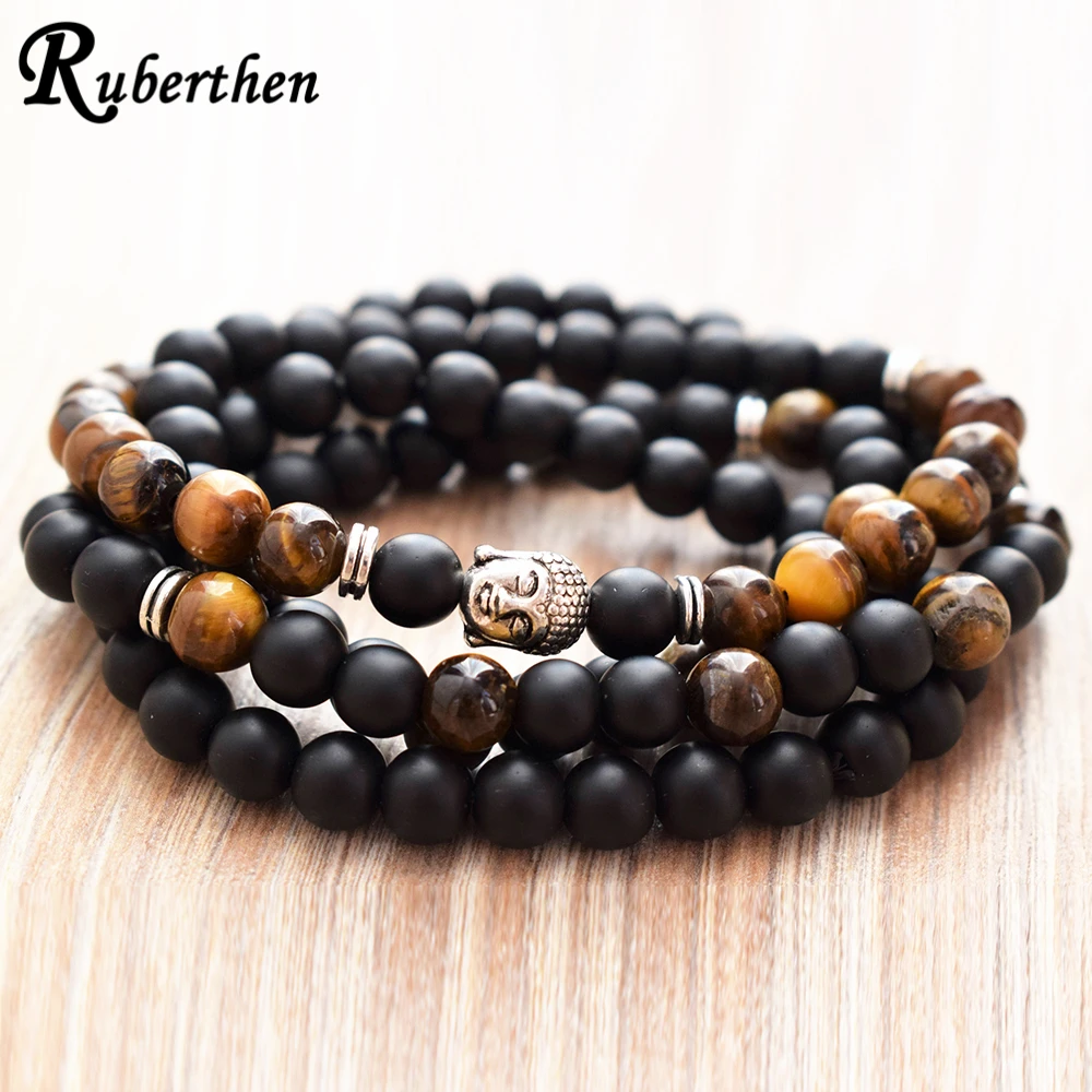 Ruberthen класс тигровый глаз 108 Мала браслет натуральный матовый черный оникс голова