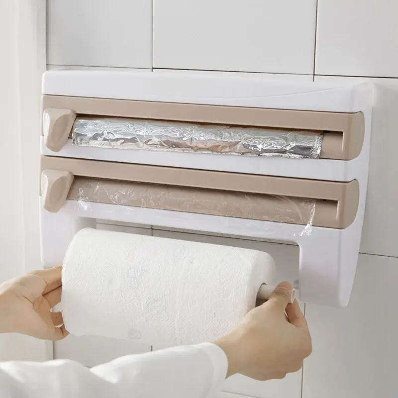 

For Kitchen Multi-Function Roll Dispenser Cling Film Tin Foil Cutter Storage Holder Free Punched Towel Paper Rack