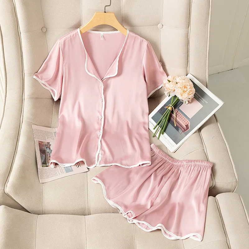 

Pink Casual 2PCS Pajamas Suit Intimate Lingerie Women Homewear Sleep Set Summer New Sleepwear Satin V-Neck Home Clothing