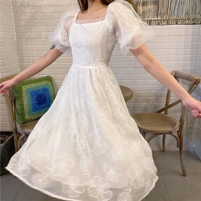 

One-Piece 2021 Korean Style Summer Women'S Chic Dress French Western Fashionable Puff Sleeve Dress Temperament Gauze Lace Dress