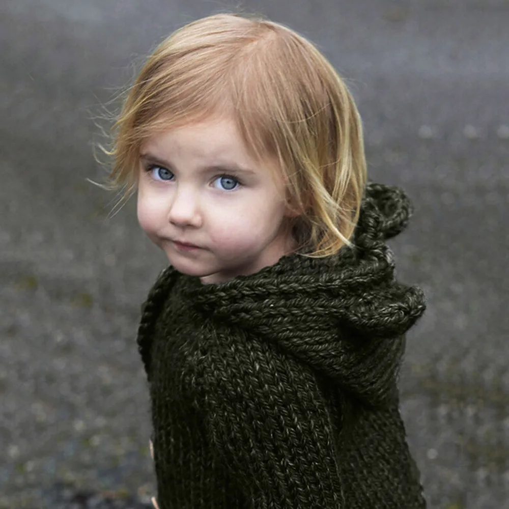 Пальто свитер для маленьких девочек однотонный вязаный кардиган с капюшоном и