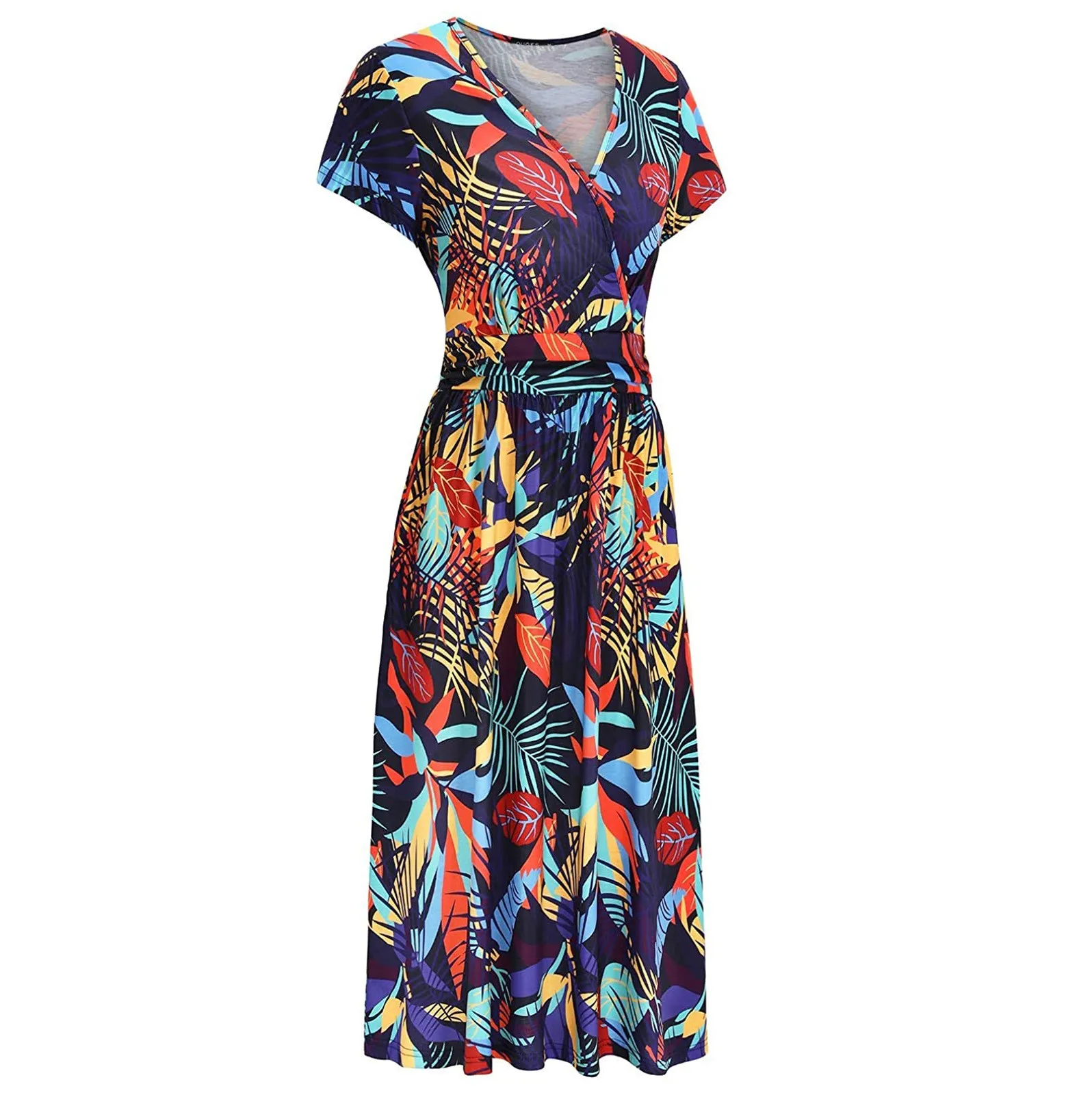 

Robe Fleurie Floral Dress With Short Sleeve Women Casual Floral Loose Dress With Pocket Beach Style Temperamental Dresses