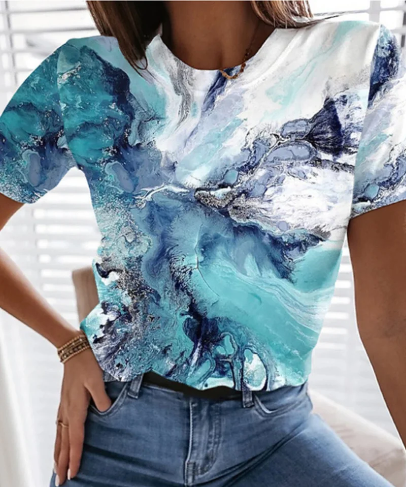 

New Tie Dye Floral Print Streetwear Casual O-Neck Short Sleeve Plus Size Funny T-shirt 2021 Summer Flower Tops Women Basic Tees