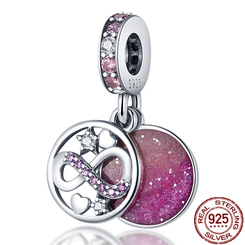 

HOT 2021 Original Sterling Silver Charms Bright Pink Infinity Hearts & Stars Dangle Bead Fit Pandora Bracelet & Necklace Jewelry