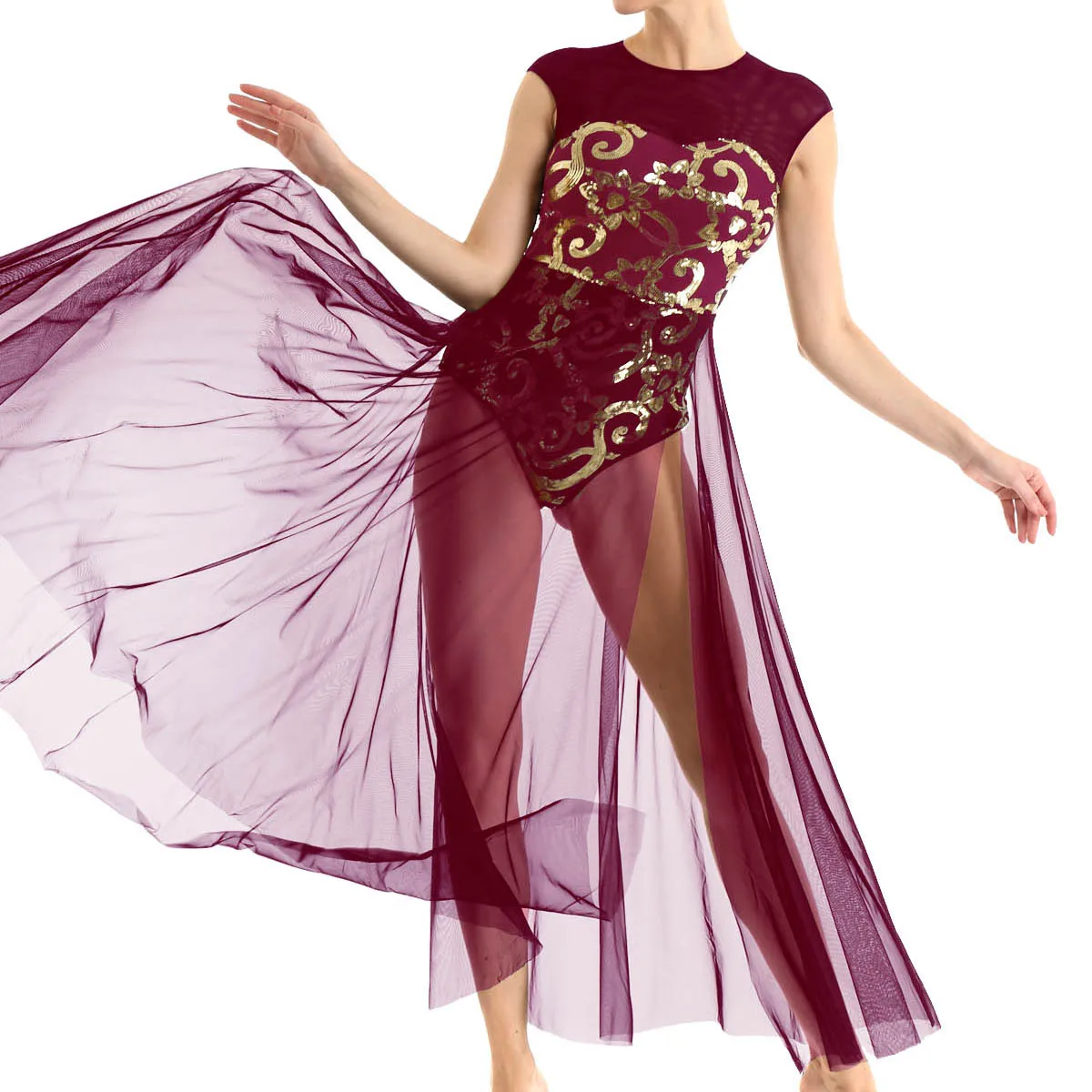 

Maxi Dress for Women Ballet Dance Leotards Sleeveless Sequins Gymnastics Costume Adult Lyrical Modern Contemporary Dance Dresses