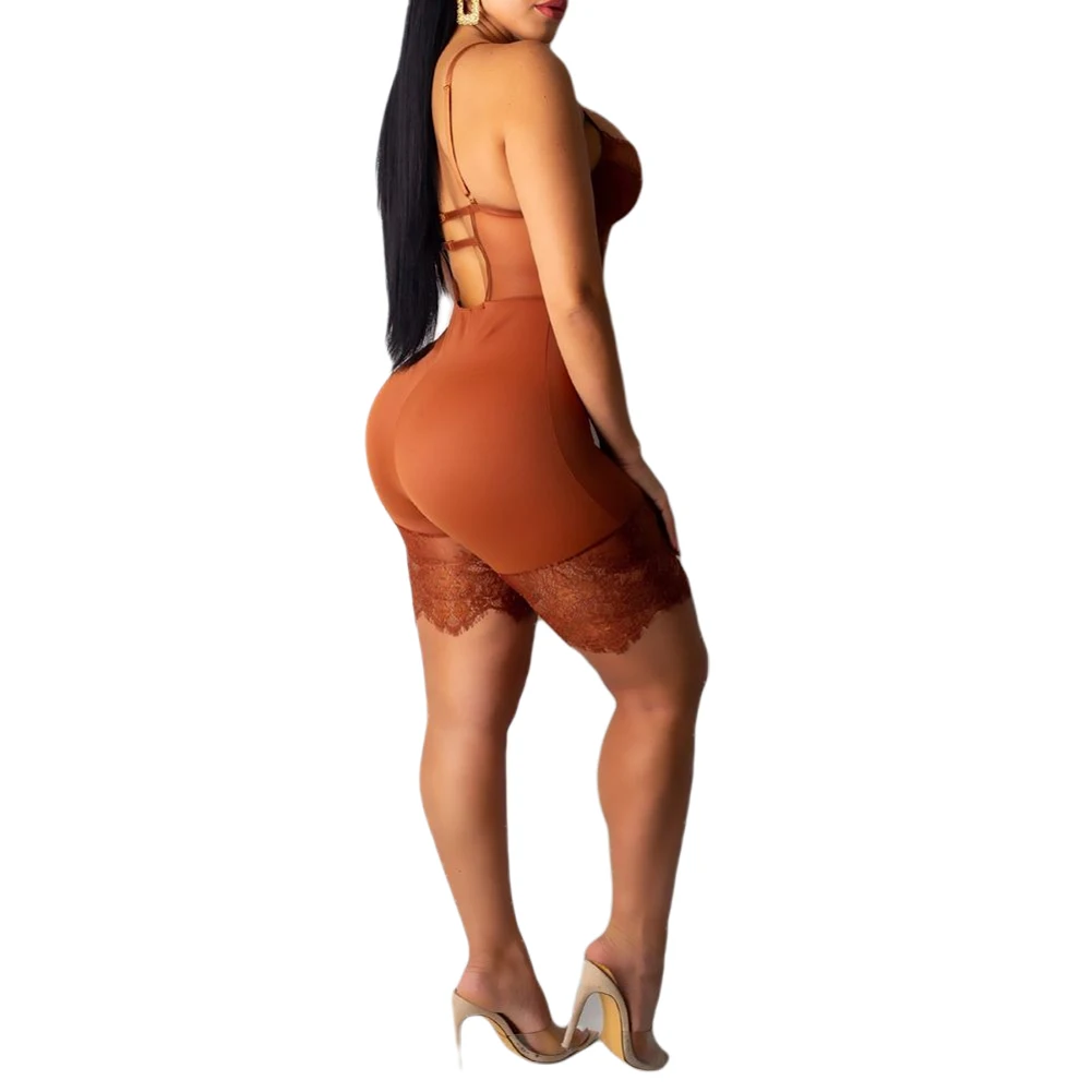 

Women's Sexy Bodycon Romper Sleeveless Slim Spaghetti Strap Eyelash Lace One Piece Shorts Jumpsuit Hot 2020