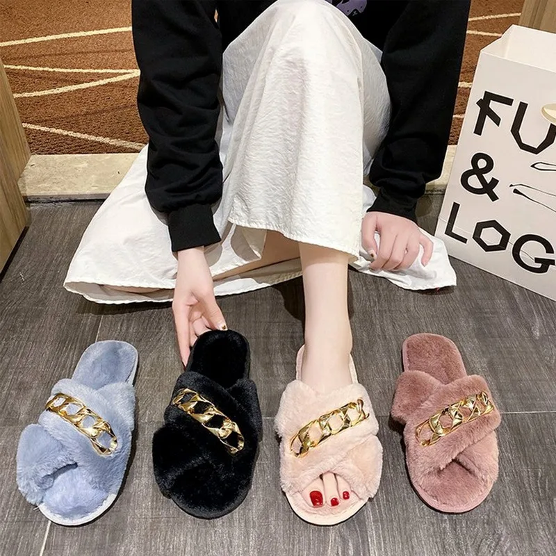 

Comfort Women Furry Slippers Punk Metal Gold Chain Plush Shoes Laides Summer Autumn Home Flat Soft Sole Cross-tied Shoes