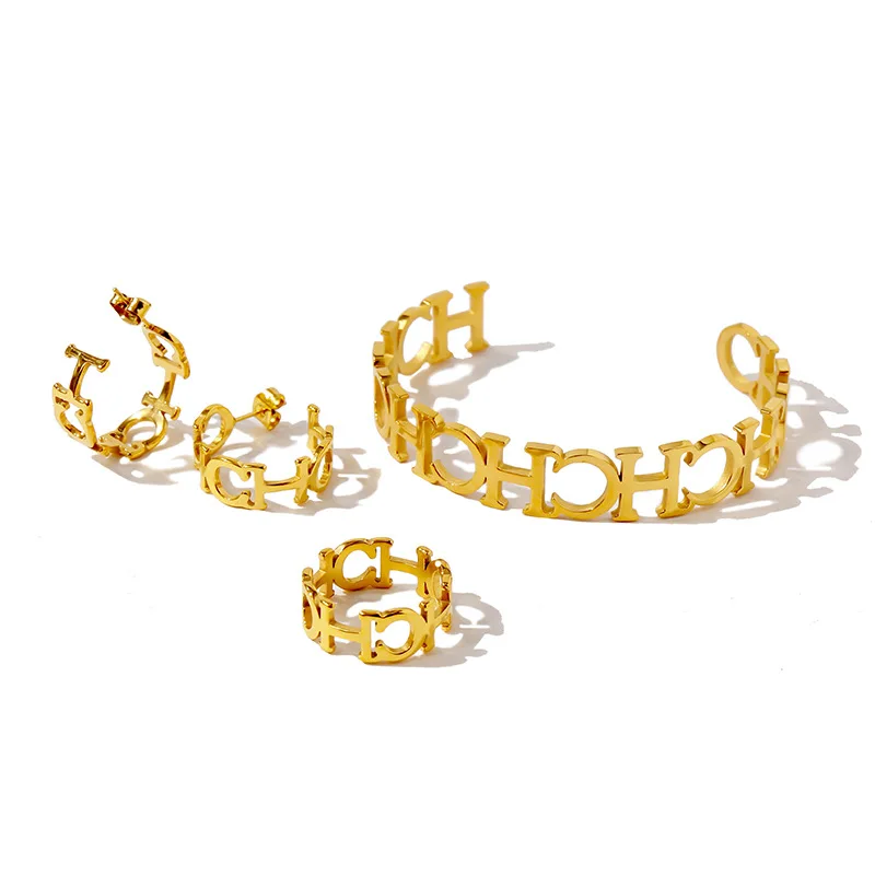 

Hot Supply High Quality Openwork CH Linked Design Stainless Steel Bangle Earrings Ring Sets Jewelry For Women Men