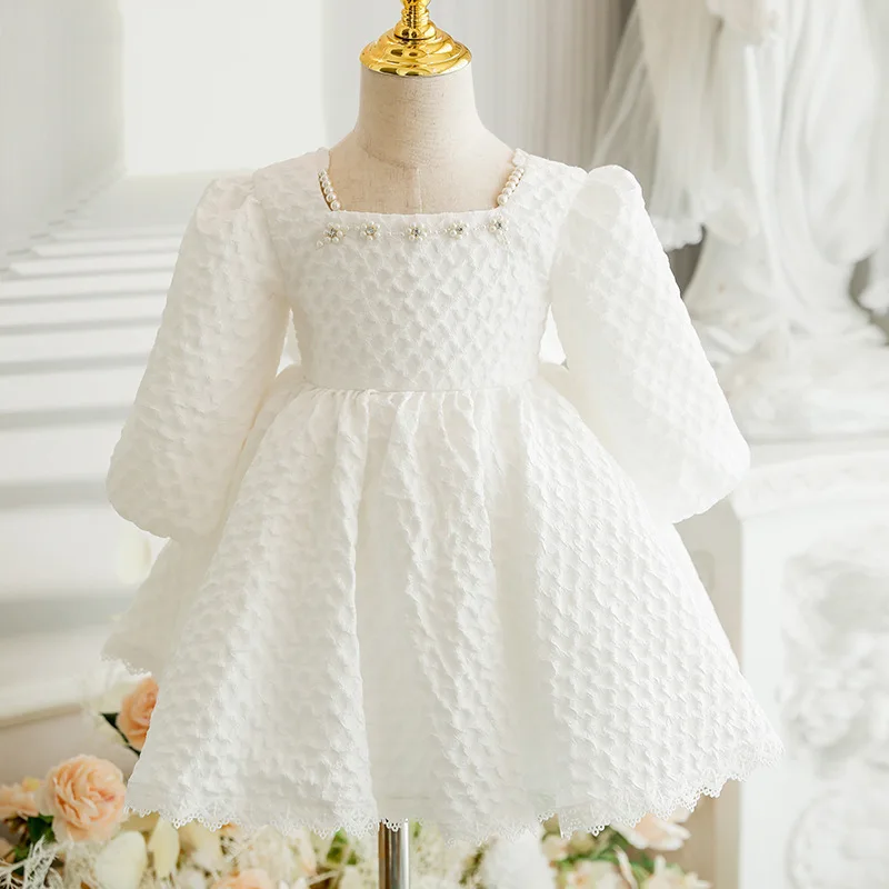 

Long Sleeve Lace Princess Dress Beads White Flower Girl Birthday Dress Child Dress First Communion Infant Baby Girl Baptism Gown
