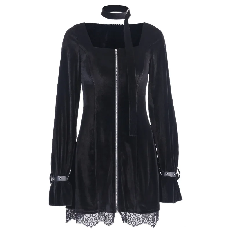 Женское кружевное платье на молнии черный вельветовый в готическом стиле с