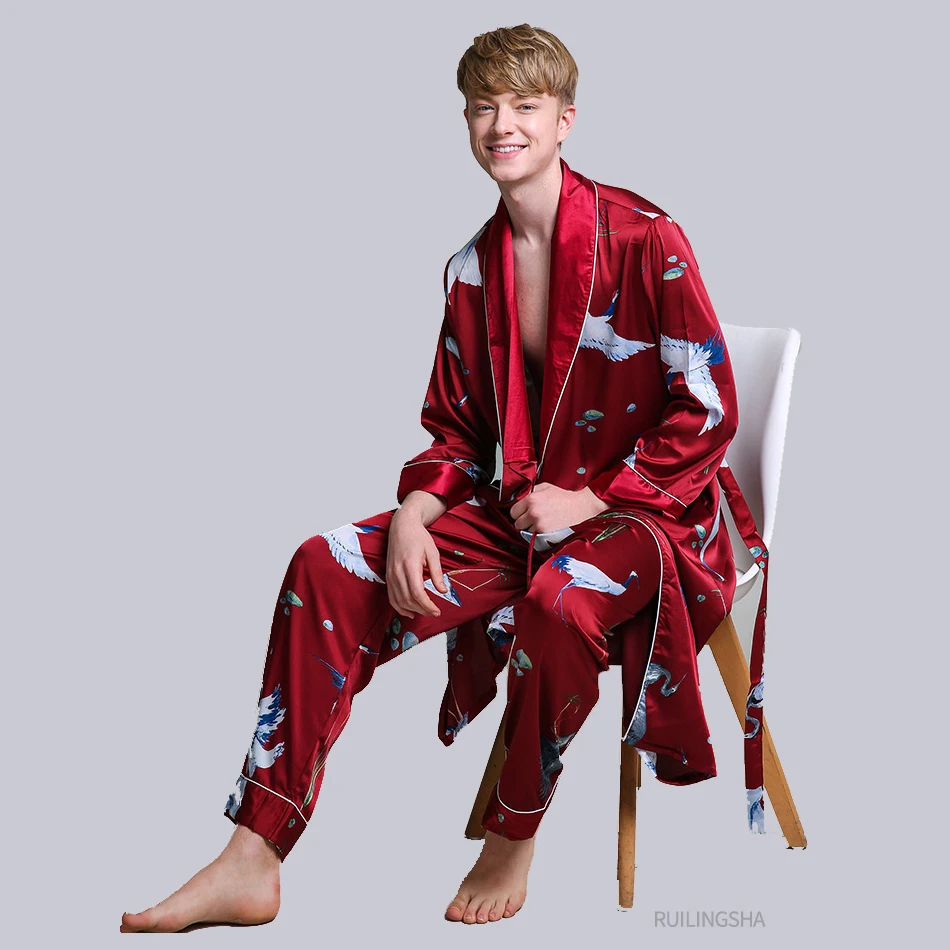 Шелковая ночная рубашка из двух предметов атласная Мужская одежда для сна