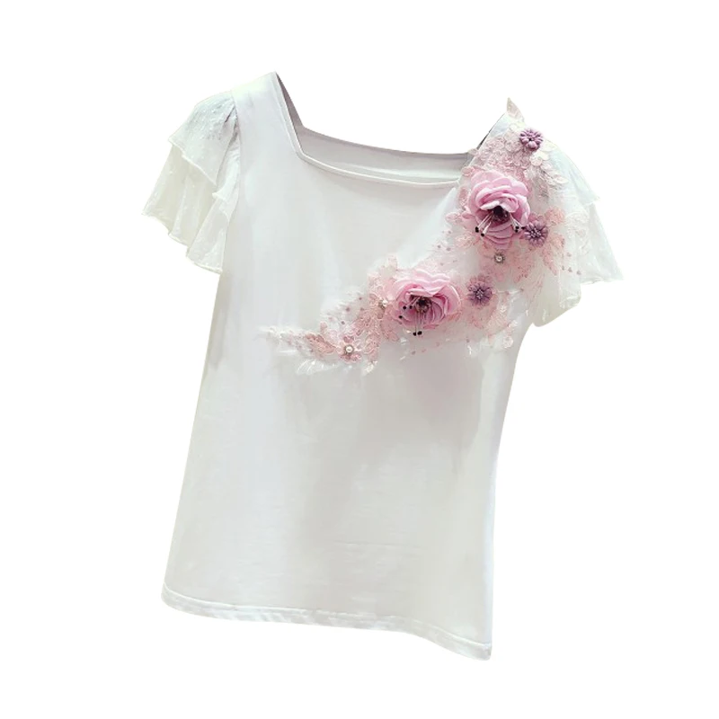 

Floral T Shirt Female 2020 Spring and Summer New Stereo Flower Tshirt Tee Lace Flounced Sleeves Square Collar T-shirt Women Tops