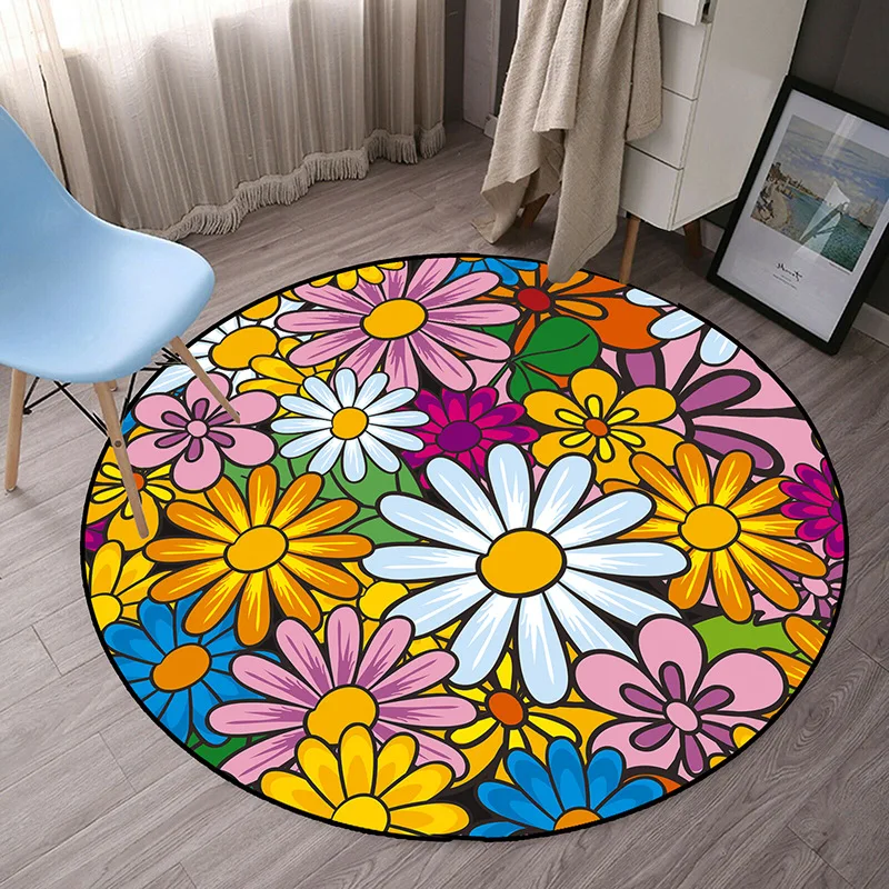 

New Trend Black and White Wind Daisy Rug Sunflower Smiling Face Floor Mat Circular Living Room Bedroom Bed Art Floor Rug tapis