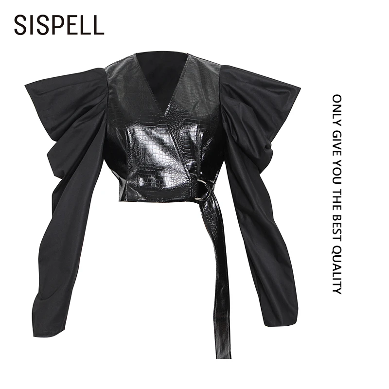 

SISPELL Patchwork Puff Sleeve For Female PU Top V Neck Cropped Patchwork Strap Women's Sexy Shirt 2020 Fashion Autumn Tide