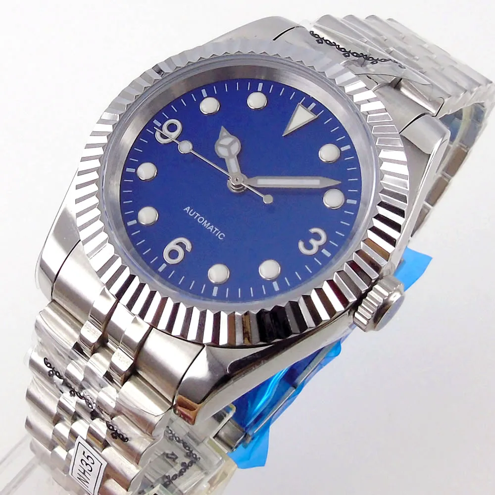 

40mm Luminous Sapphire Glass Automatic Men's Watch NH35 Movement Unisex Blue Dial Fluted Bezel Jubilee Bracelet