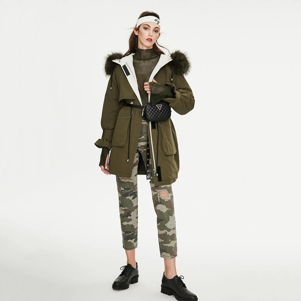 

Женский пуховик с капюшоном SHZQ, Свободное длинное пальто с большим меховым воротником