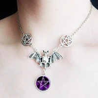 new trend fashion gothic flying bats with purple glass pentagram pendant wicca necklace choker handmade jewelry for women